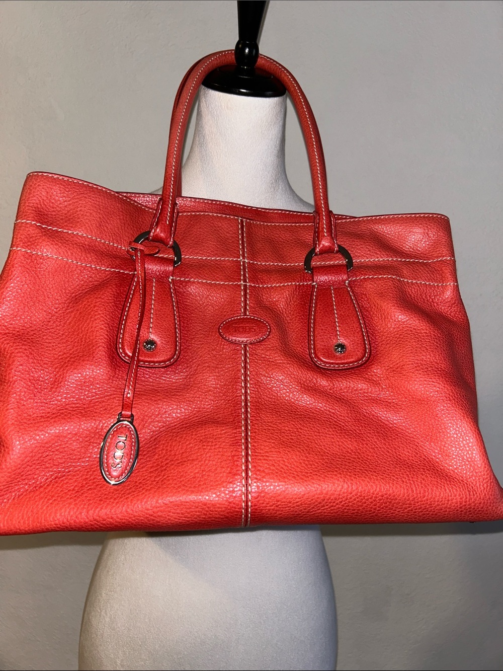 Vintage Tod’s Coral-Red Leather Tote with Dual Top Handles